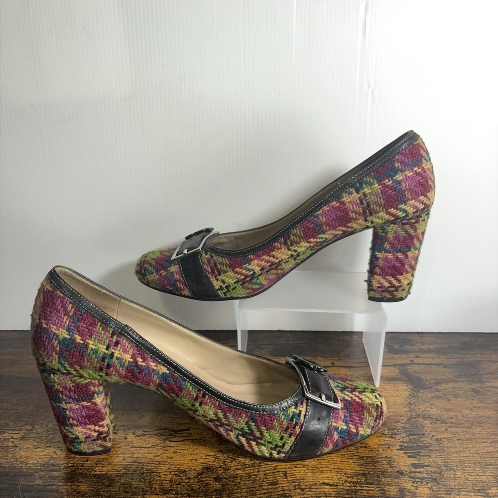 Vero Cucio Tweed Heels Womens 10M Purple Green Plaid Leather Trim - Picture 3 of 11